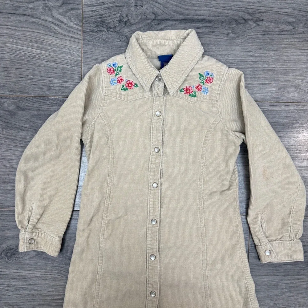 OshKosh Pearl Snap Floral Embroidered Beige Corduroy Dress Girls Size 4‎ Y2K